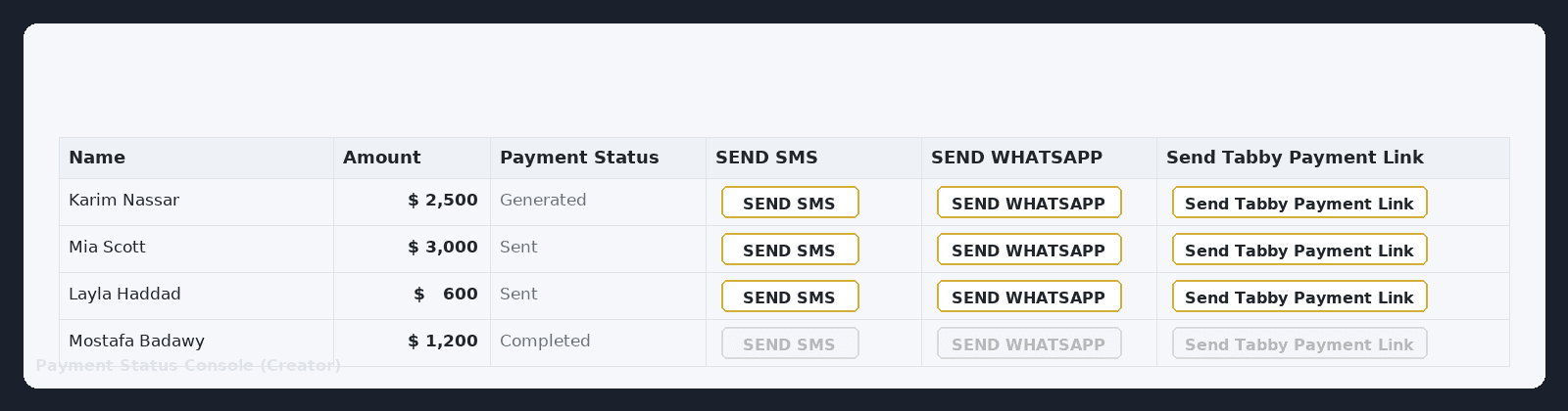 Payment Status Console (Creator)