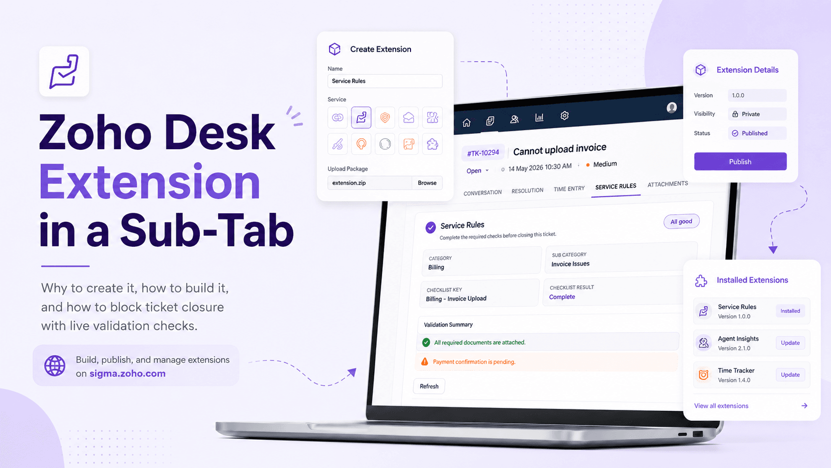 Zoho Desk Extension in a Sub-Tab visual with Sigma extension cards and validation results