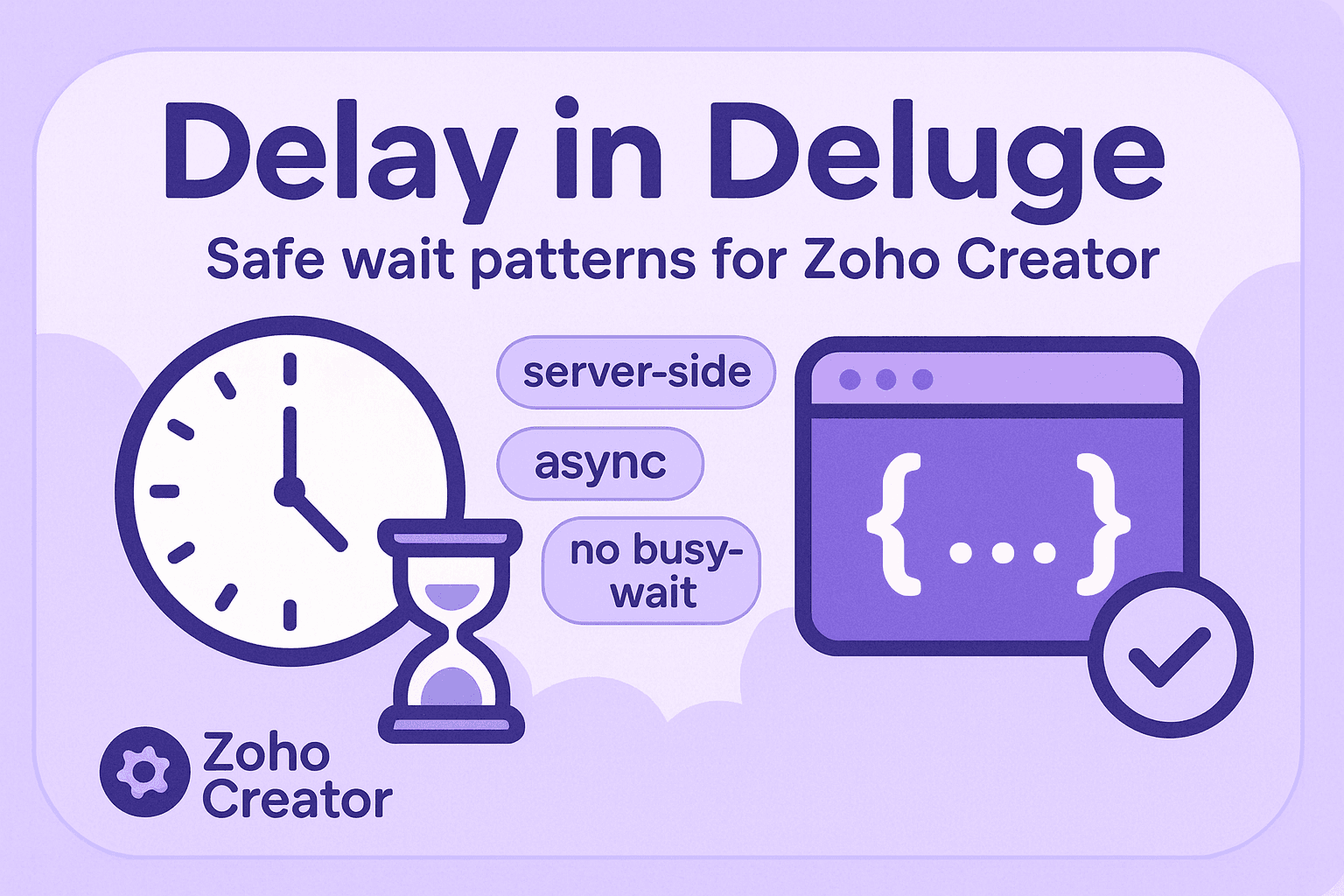 Purple blog card with a clock, hourglass, and code window showing safe delay patterns in Deluge